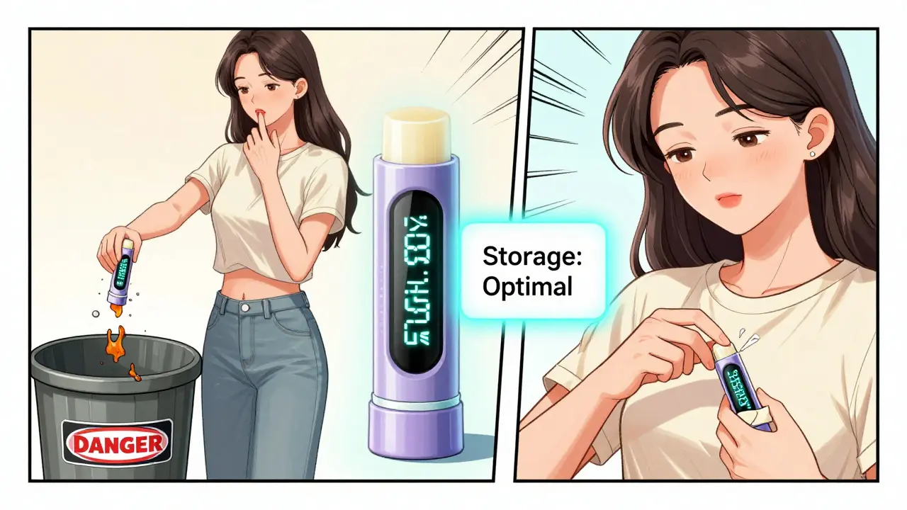 Умный бальзам с дисплеем свежести рядом с выброшенным испорченным средством, женщина наносит новый.