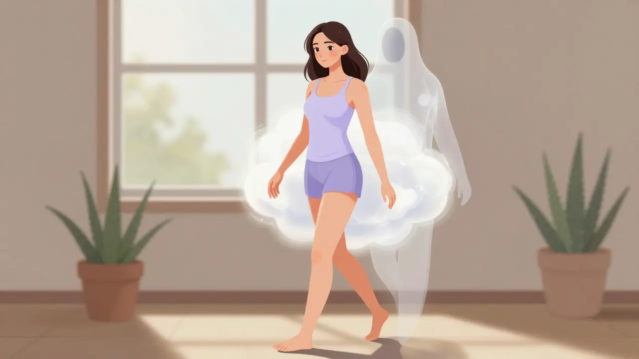 Женщина с гладкой кожей идёт по комнате, тяжёлый крем исчезает в виде тумана, заменённый лёгким молочным облаком.