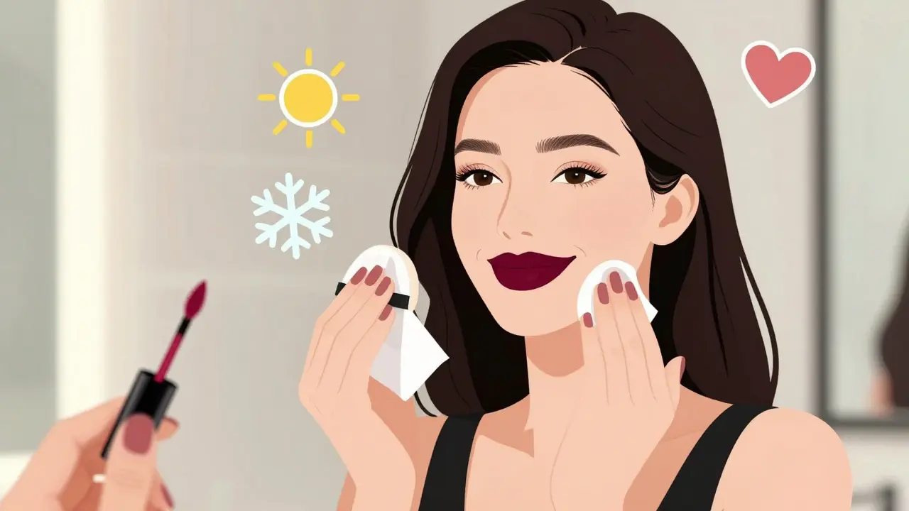 Женщина с идеально закрашенными губами смотрит в зеркало, рядом — инструменты для макияжа.