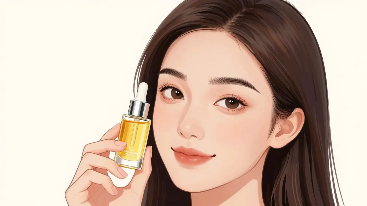 Женщина с ухоженными бровями использует масло для ухода за кожей.