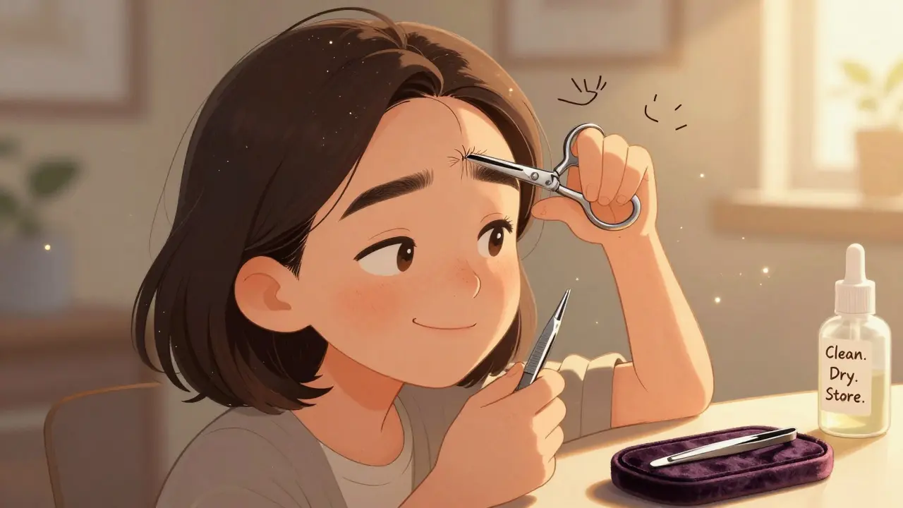 Женщина стрижет брови ножницами, рядом лежат пинцет и бутылочка спирта, свет солнца озаряет сцену.