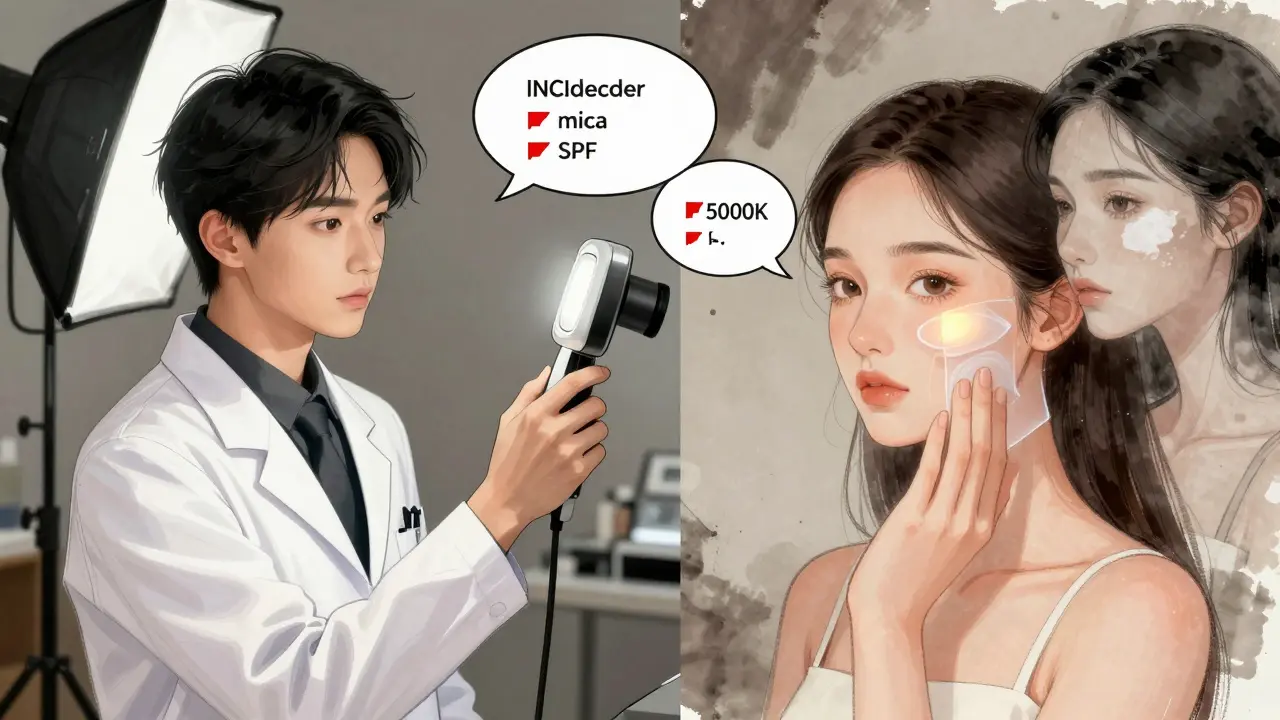 Женщина тестирует крем под лампой 5000 К, над головой — интерфейс INCIdecoder с красными предупреждениями.