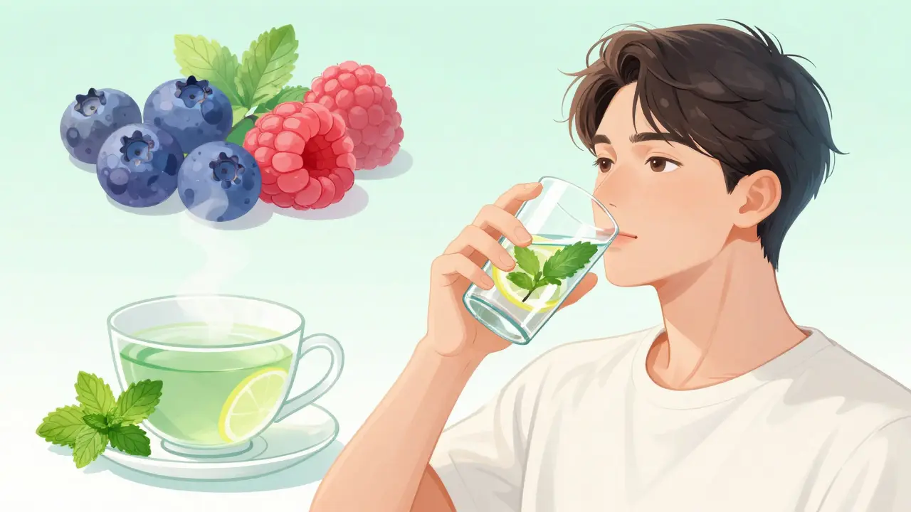 Человек пьет воду с лимоном и мятой для здоровья кожи в стиле маньхуа