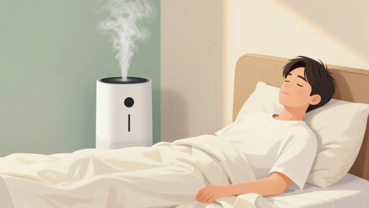 Человек в хлопковой одежде в комнате с работающим увлажнителем воздуха