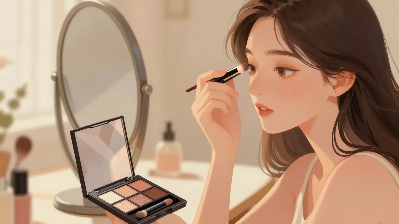 Девушка наносит тени перед зеркалом в стиле китайского комикса