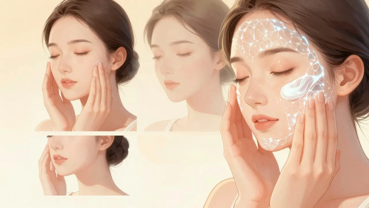 Девушка наносит увлажняющий крем на лицо для закрепления эффекта в стиле маньхуа