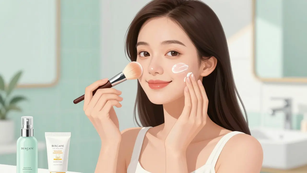 Девушка в стиле маньхуа аккуратно наносит легкий BB-крем похлопывающими движениями
