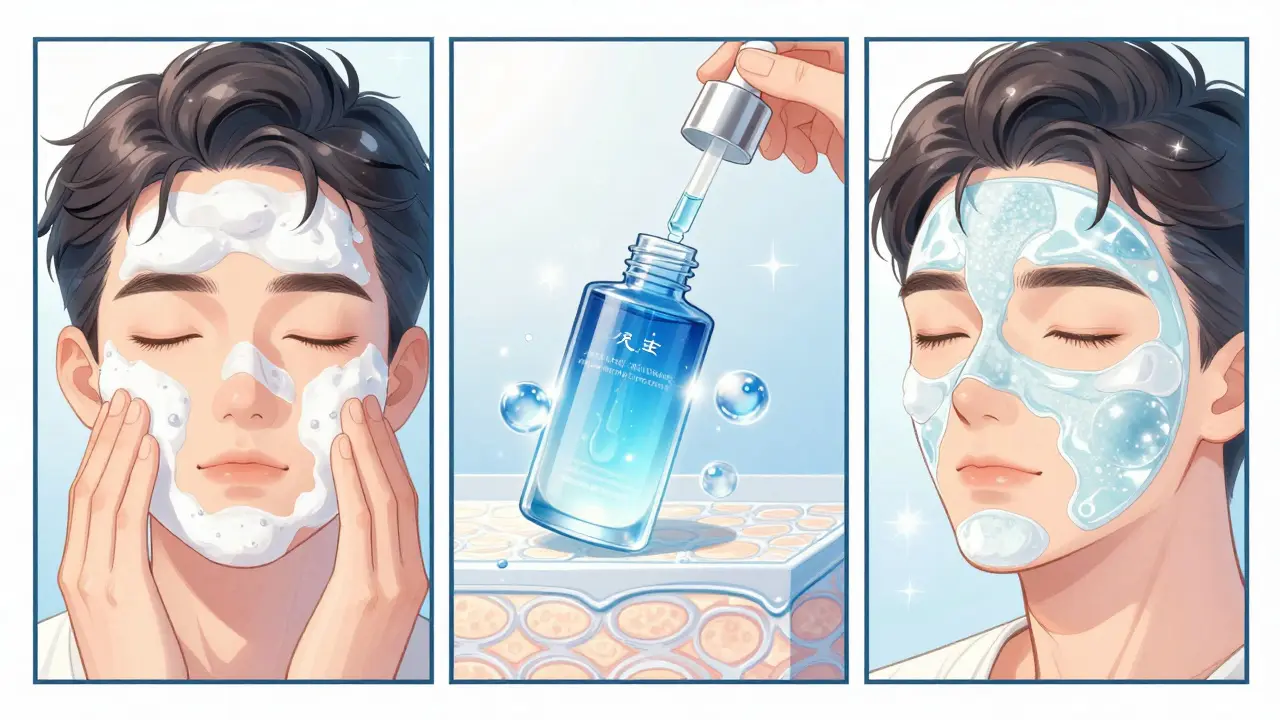 Этапы ухода за кожей: мягкое очищение, сыворотка и защитный крем