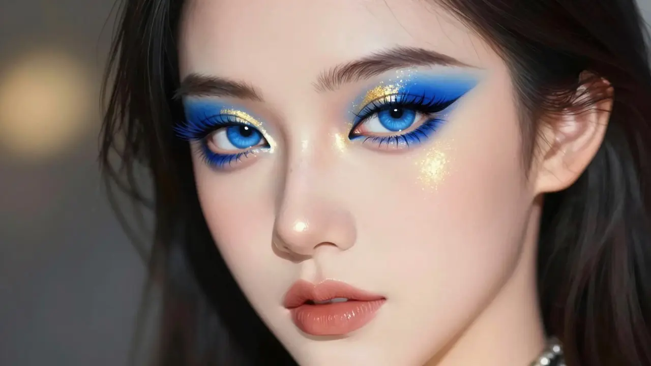 Готовый макияж в стиле маньхуа с синей подводкой и золотистыми акцентами для голубых глаз.
