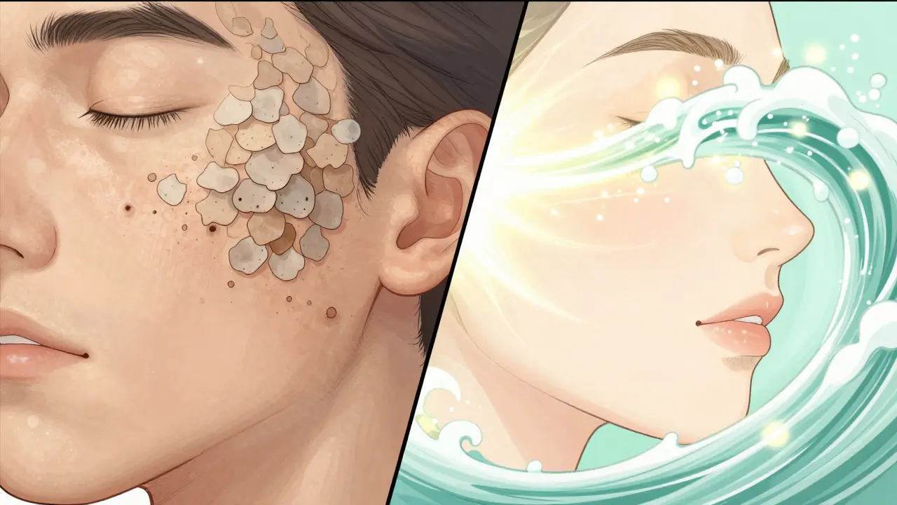 Иллюстрация в стиле маньхуа: церамид AP очищает кожу от омертвевших клеток, возвращая сияние.