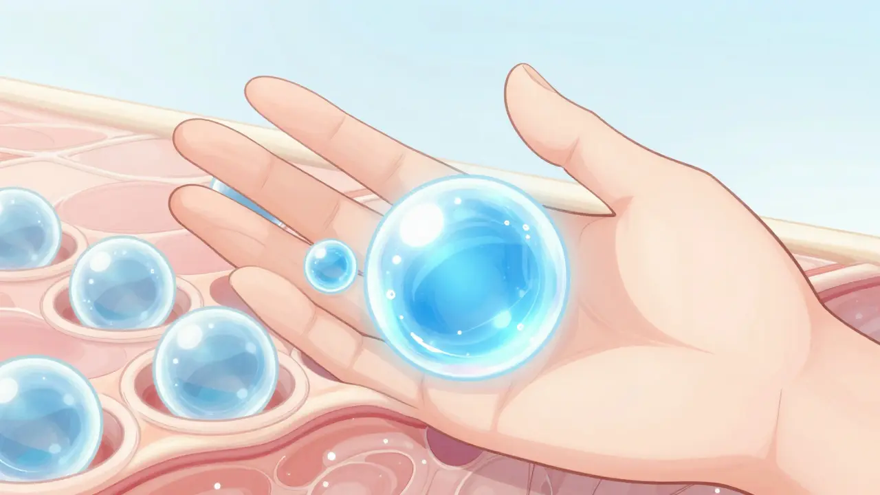 Концептуальное изображение молекул гиалуроновой кислоты, увлажняющих кожу рук изнутри.