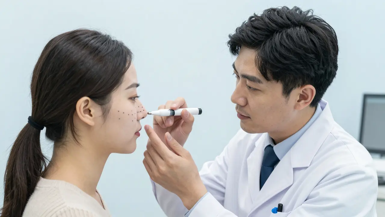 Косметолог наносит разметку на нос пациентки в стиле китайского комикса