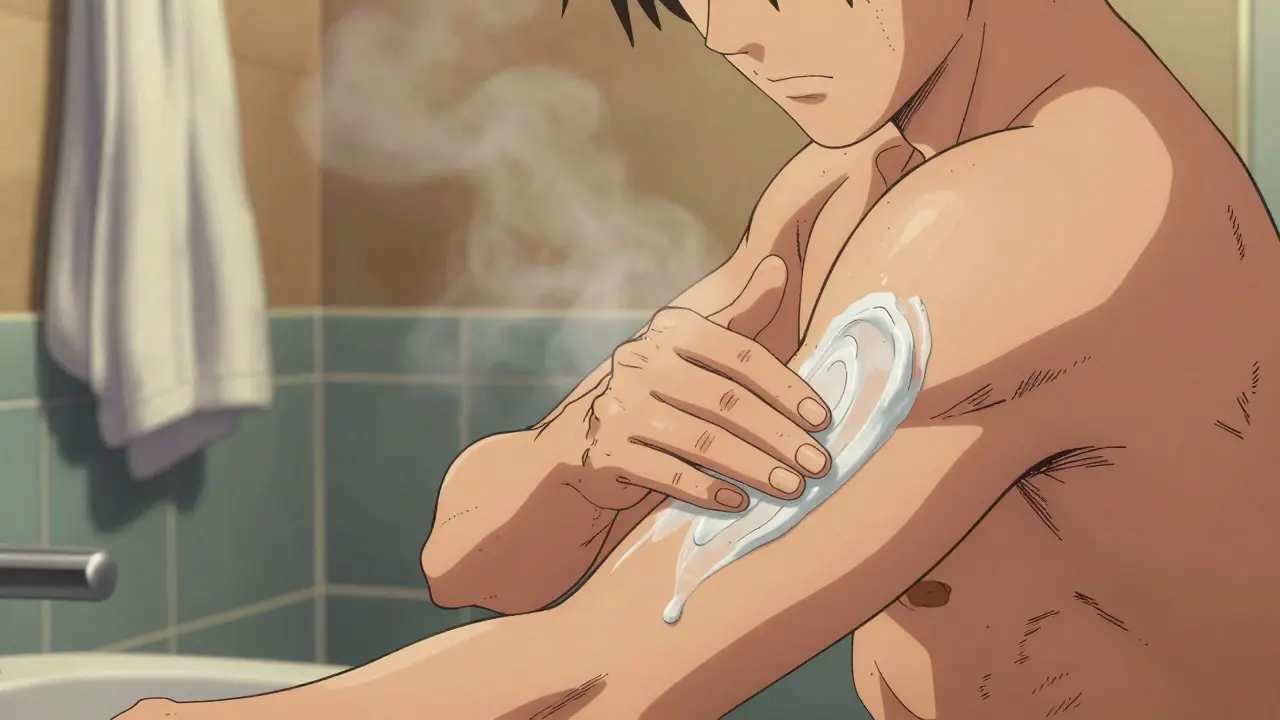 Процесс нанесения увлажняющего крема на кожу после душа.