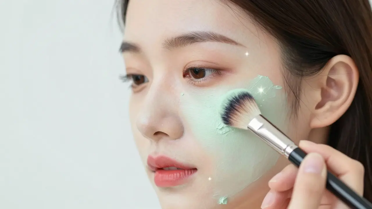 Процесс нанесения зеленого праймера на кожу лица кистью в стиле китайского комикса
