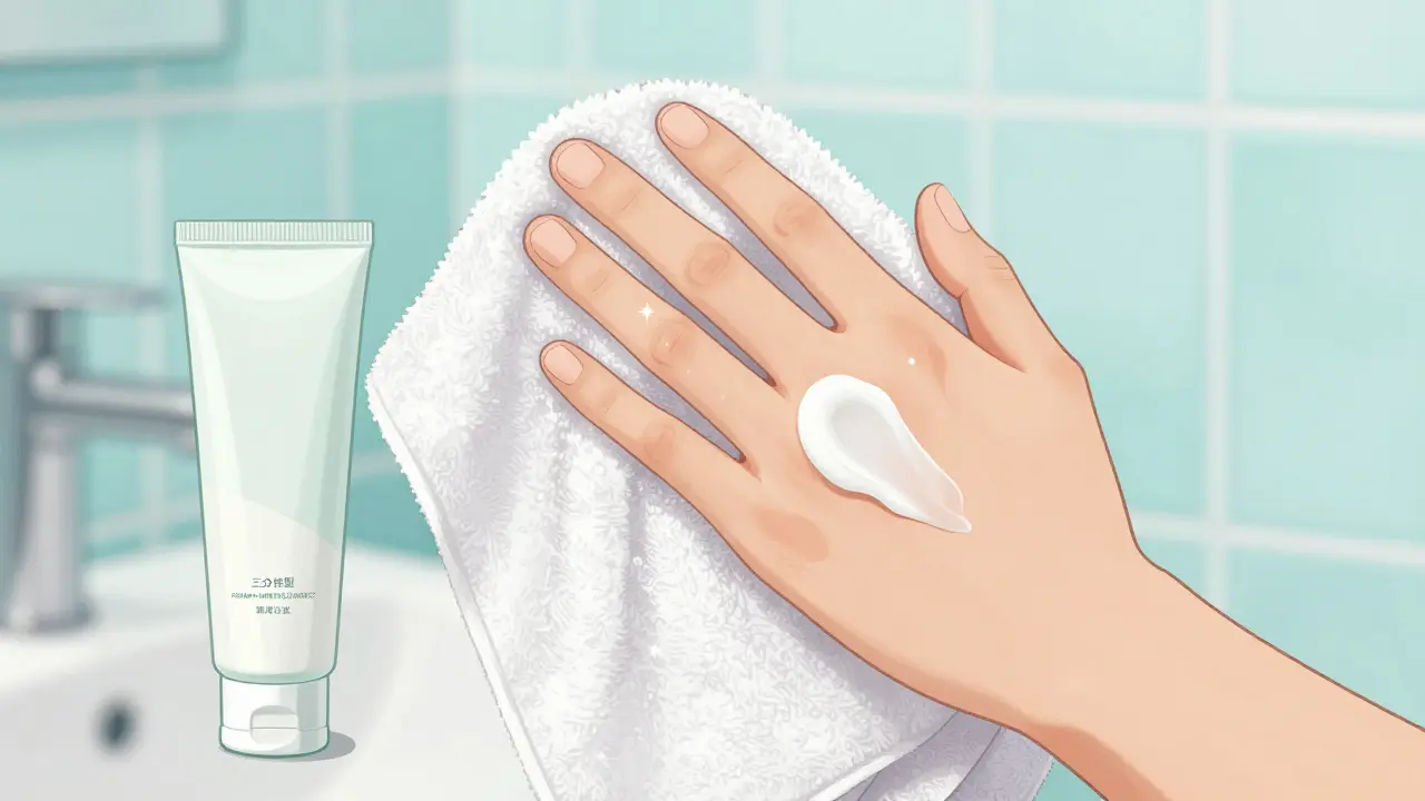 Процесс промакивания кожи полотенцем и подготовка увлажняющего крема