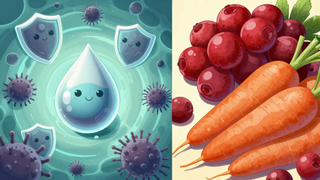 Схематичное изображение молекул-защитников и ягод брусники в стиле маньхуа