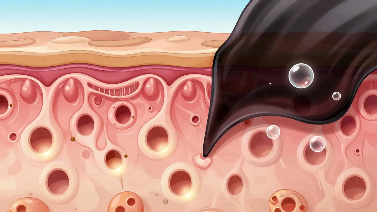 Схематичное изображение в стиле маньхуа: как плотный тональный крем блокирует кислород в порах кожи
