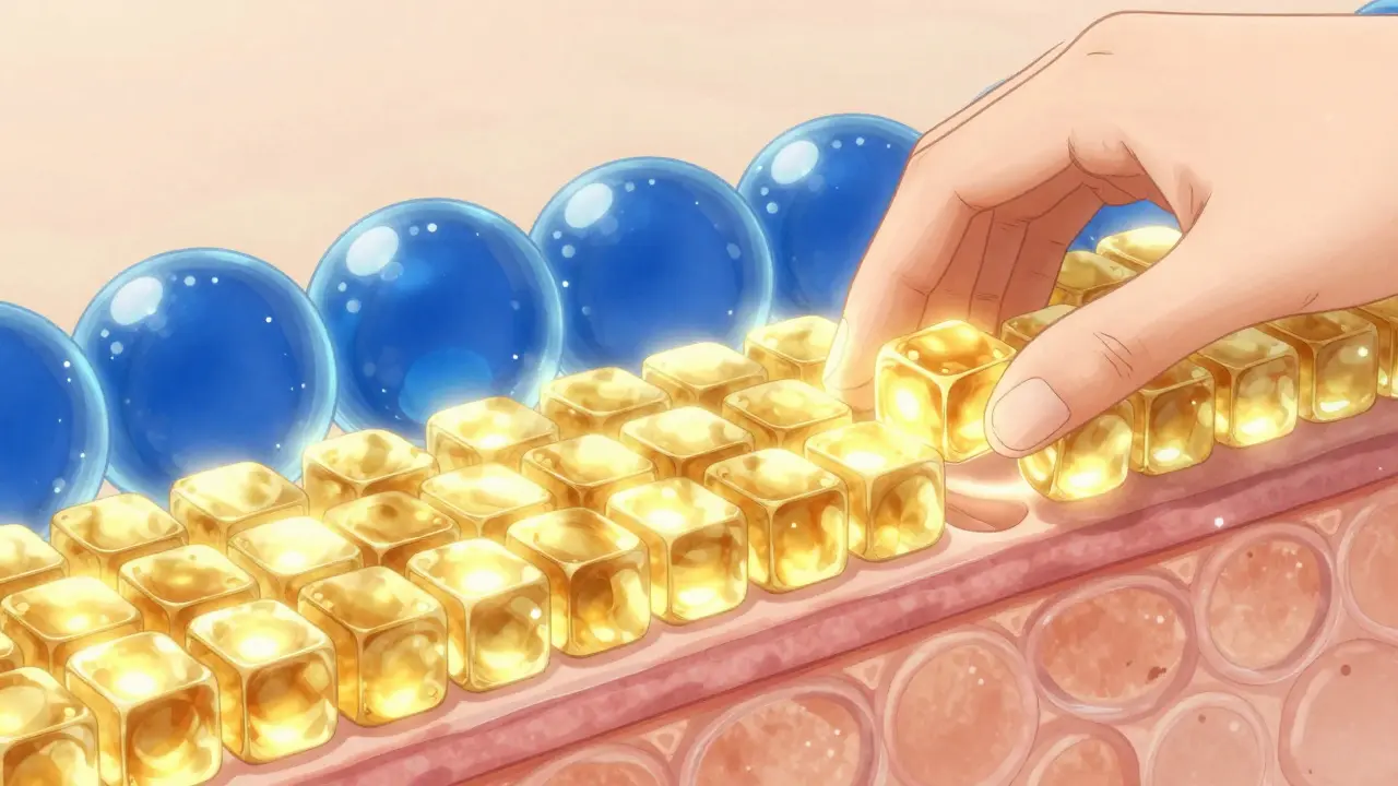 Схематичное изображение защитного барьера кожи и молекул воды в стиле маньхуа