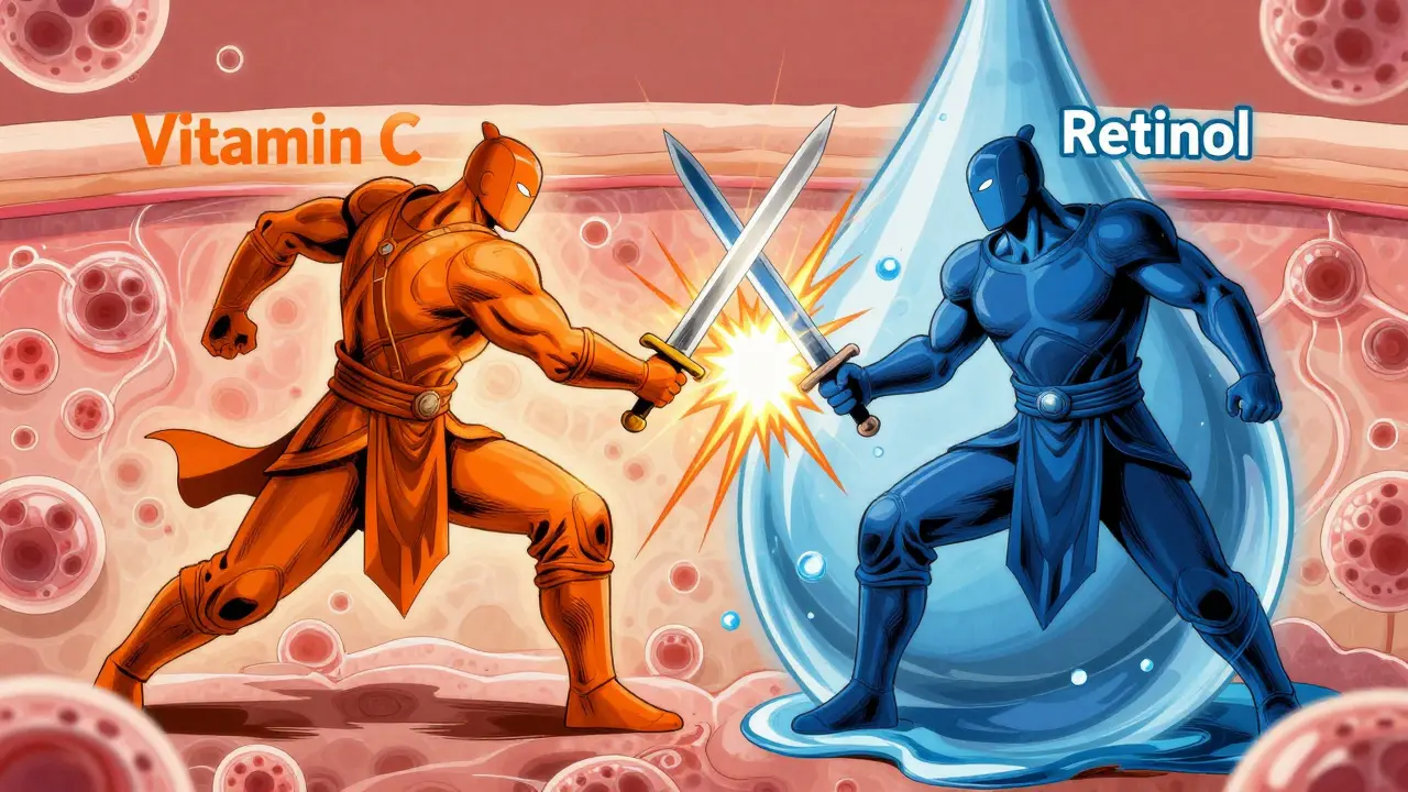 Символическая битва витамина С и ретинола на микроуровне в стиле маньхуа