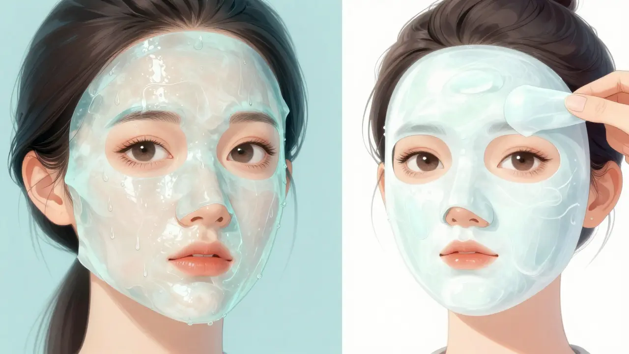 Сравнение тканевой и альгинатной масок на лице девушки в стиле маньхуа