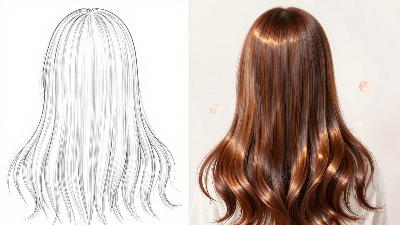 Сравнение тонких поврежденных волос и густых блестящих волос после ухода