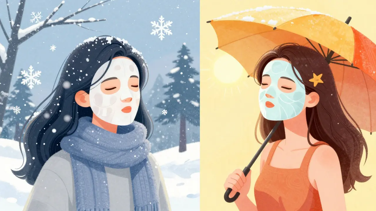 Сравнение зимнего и летнего ухода с тканевыми масками в стиле маньхуа