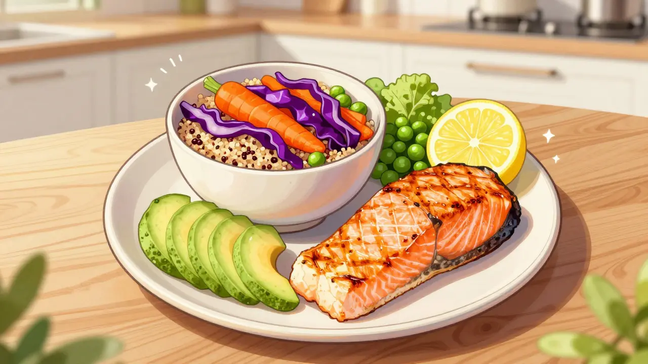Здоровый обед с лососем, киноа и авокадо для чистой кожи в стиле маньхуа