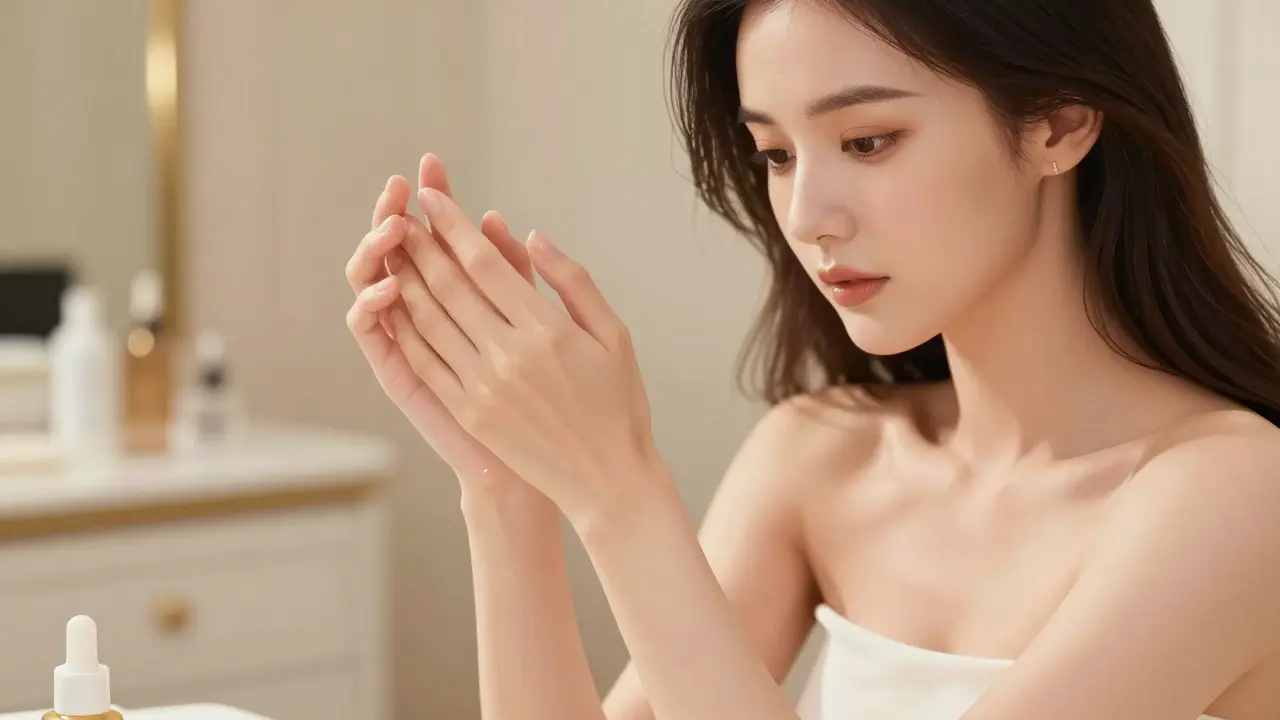 Женщина любуется гладкой и объемной кожей своих рук после процедуры омоложения.