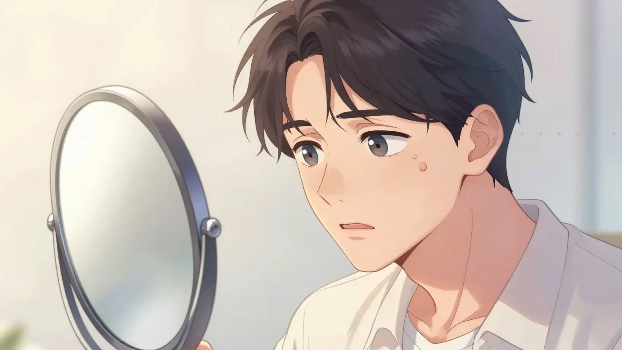 Женщина перед зеркалом с эффектом Тиндаля под глазами в стиле маньхуа