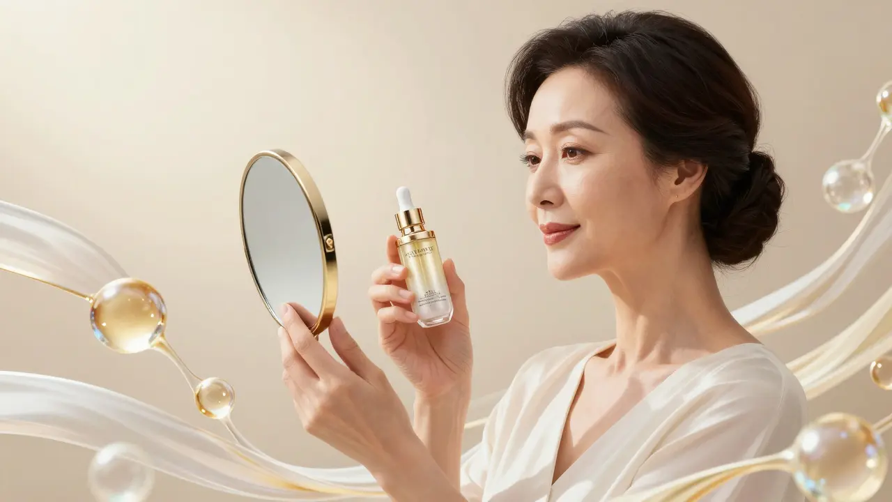 Зрелая женщина с ухоженной кожей и символами коллагена в стиле маньхуа